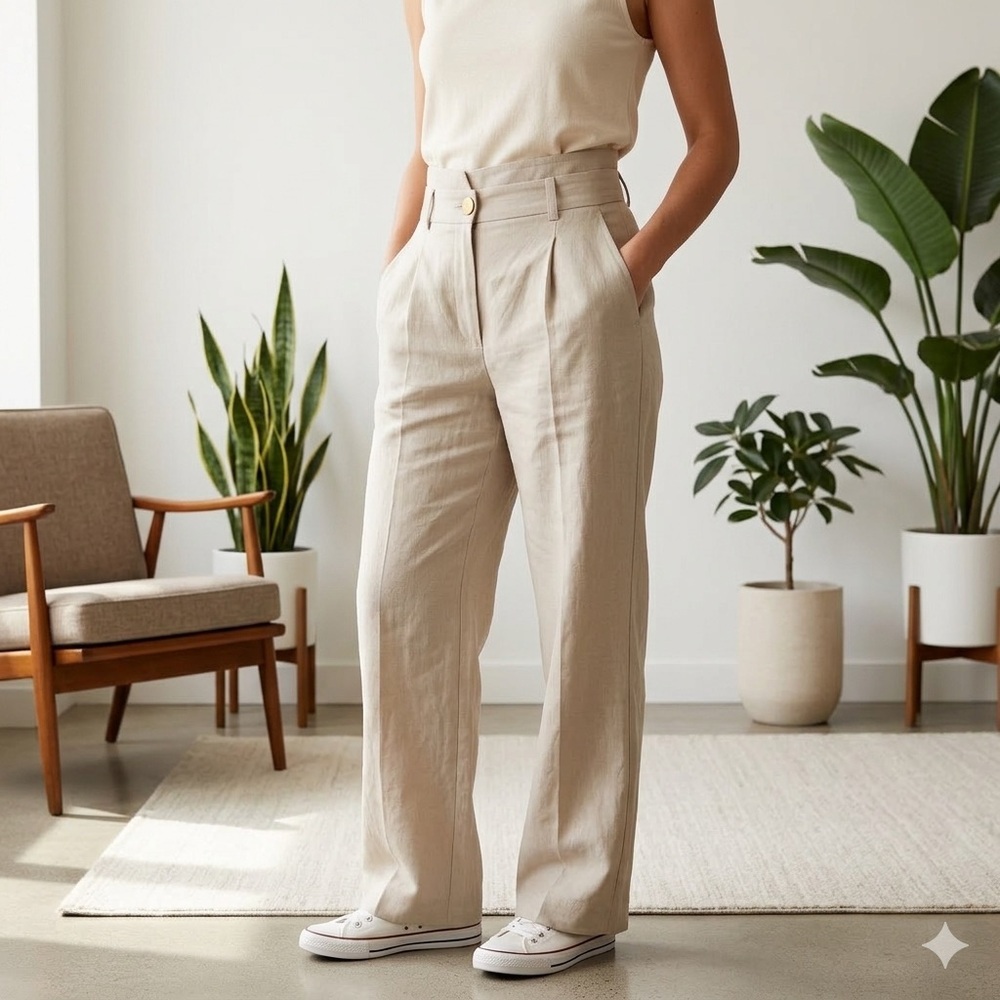 Donna Karan Cream Beige Neutral Wide Leg Pants with High-Waisted Sz 12